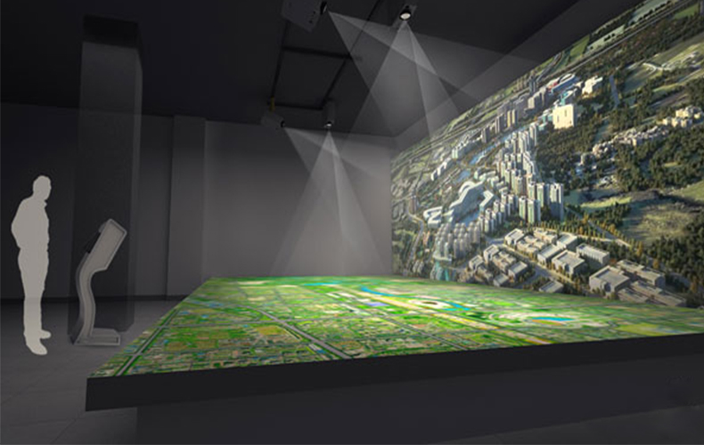 房地產(chǎn)數(shù)字展廳中的投影數(shù)字沙盤插圖